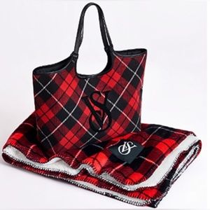 Victorias Secret Red Plaid Tote Bag and Blanket
